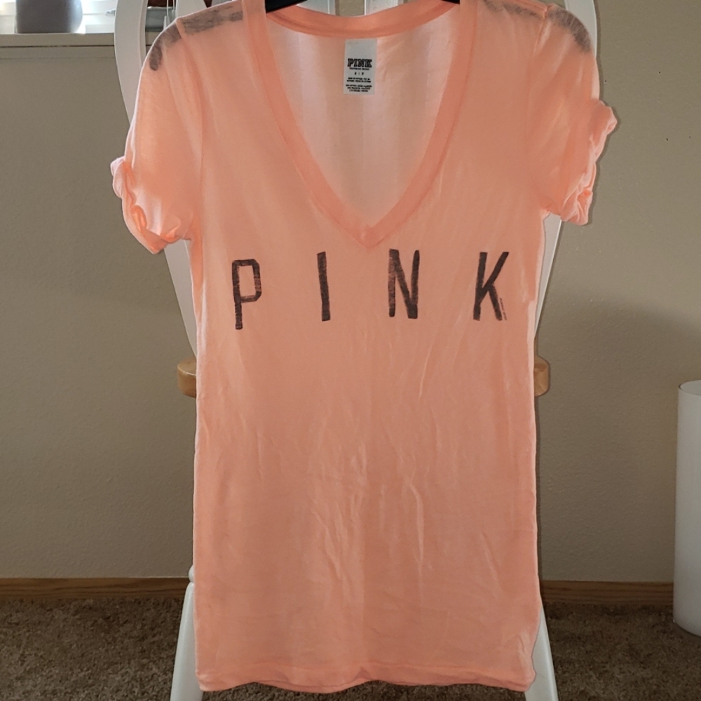 PINK Victoria's Secret neon peach sheer T, Small